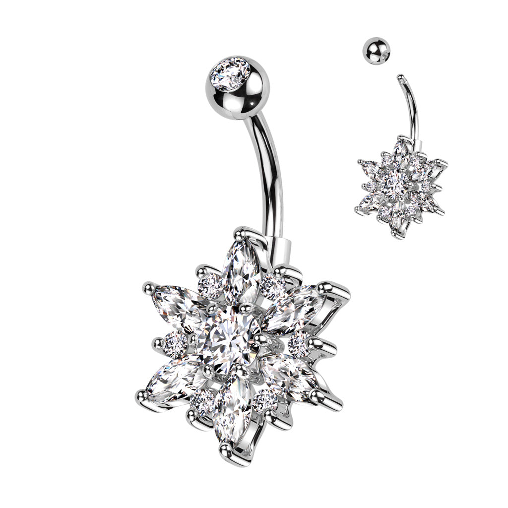 316L Surgical Steel Belly Ring With Marquise CZ Petals and Round CZ Flower - Clear