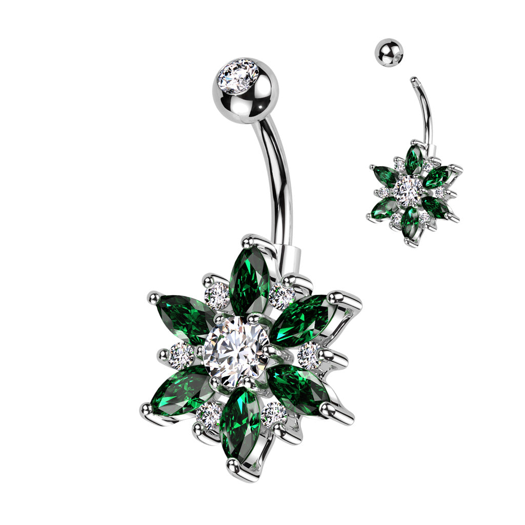 316L Surgical Steel Belly Ring With Marquise CZ Petals and Round CZ Flower - Clear/Emerald