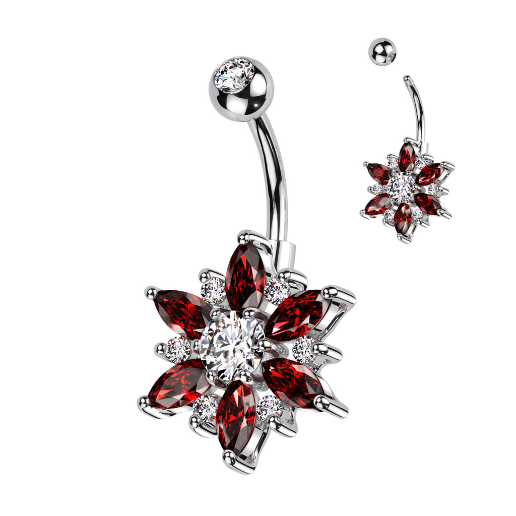 316L Surgical Steel Belly Ring With Marquise CZ Petals and Round CZ Flower - Clear/Red