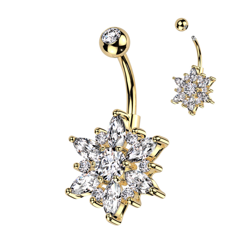 316L Surgical Steel Belly Ring With Marquise CZ Petals and Round CZ Flower - Gold/Clear