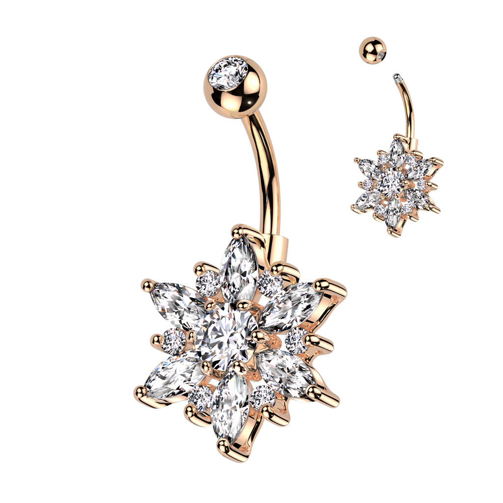 316L Surgical Steel Belly Ring With Marquise CZ Petals and Round CZ Flower - Rose Gold/Clear