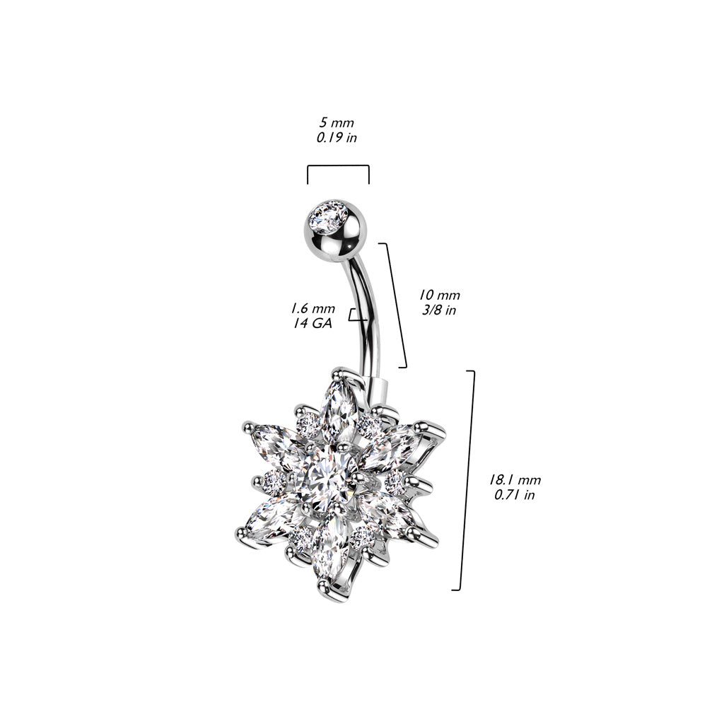 316L Surgical Steel Belly Ring With Marquise CZ Petals and Round CZ Flower size chart