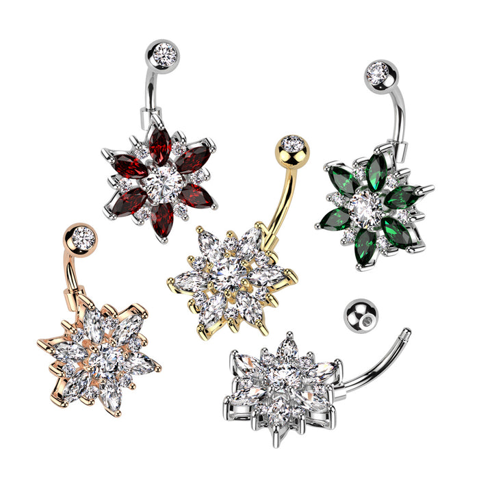 316L Surgical Steel Belly Ring With Marquise CZ Petals And Round CZ Flower