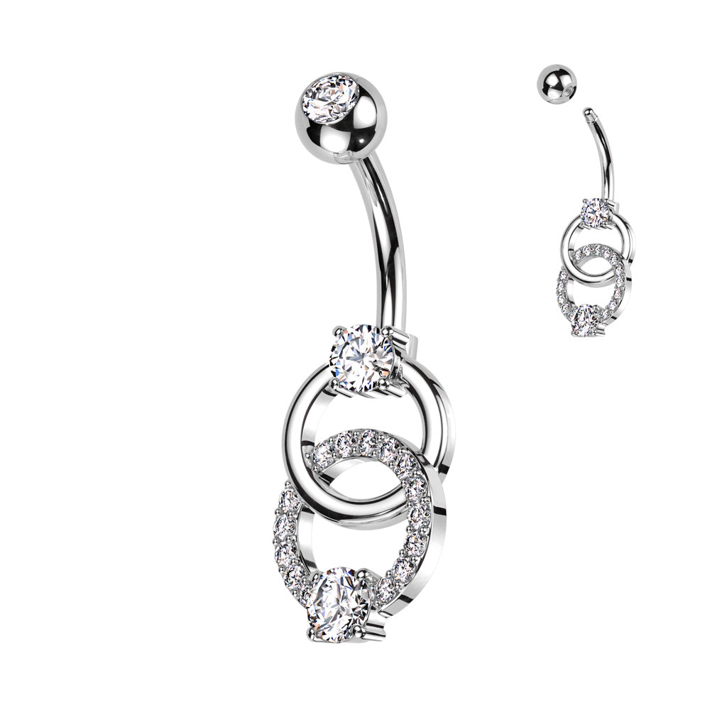 316L Surgical Steel Belly Ring With Pave CZ on Double Ring and CZ on Top and Bottom of the Rings - Clear