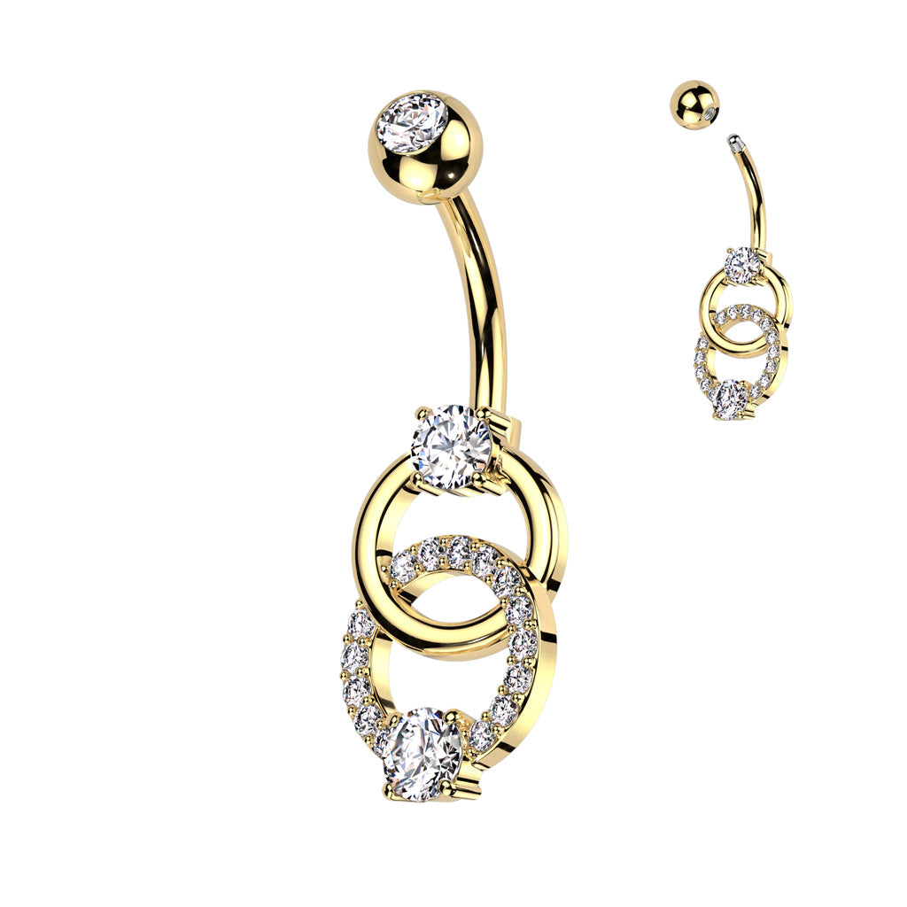 316L Surgical Steel Belly Ring With Pave CZ on Double Ring and CZ on Top and Bottom of the Rings - Gold/Clear