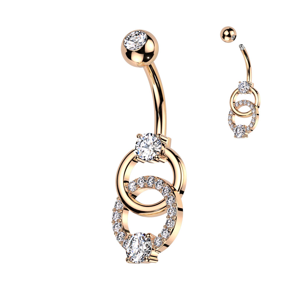 316L Surgical Steel Belly Ring With Pave CZ on Double Ring and CZ on Top and Bottom of the Rings - Rose Gold/Clear