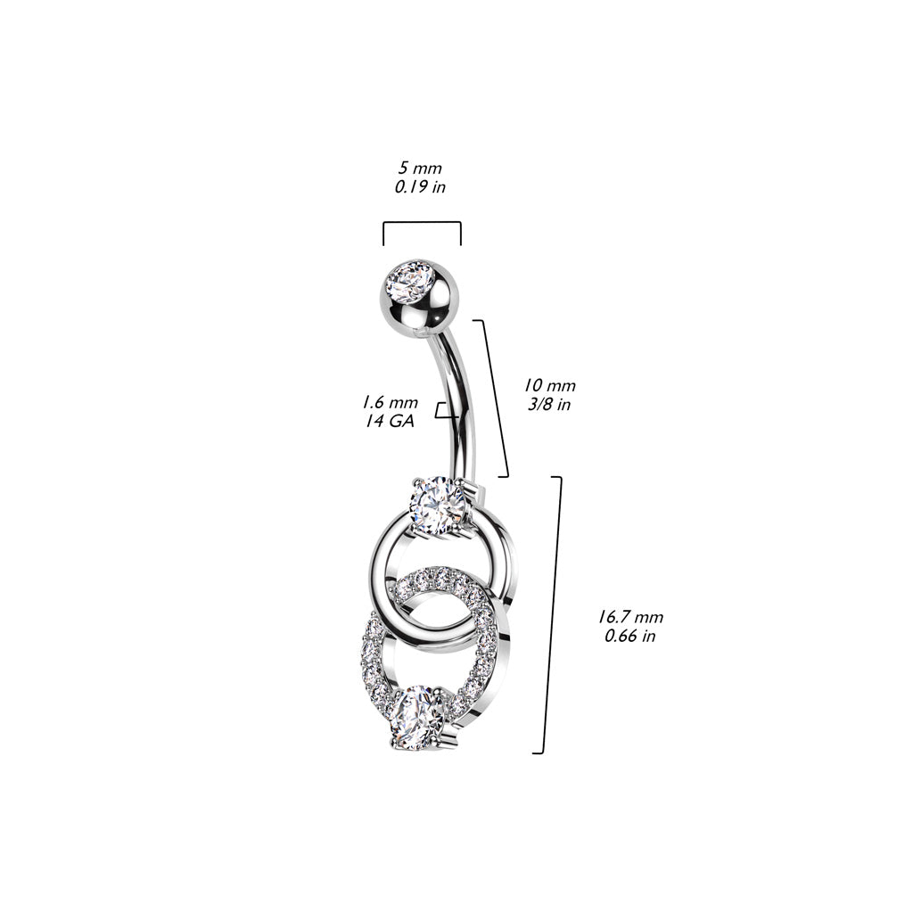 316L Surgical Steel Belly Ring With Pave CZ on Double Ring and CZ on Top and Bottom of the Rings size chart