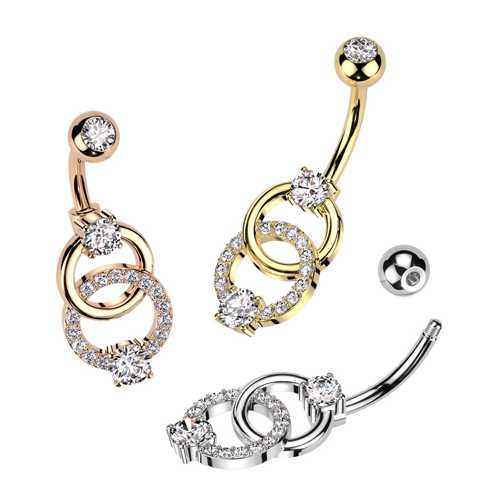316L Surgical Steel Belly Ring With Pave CZ on Double Ring and CZ on Top and Bottom of the Rings - all colors