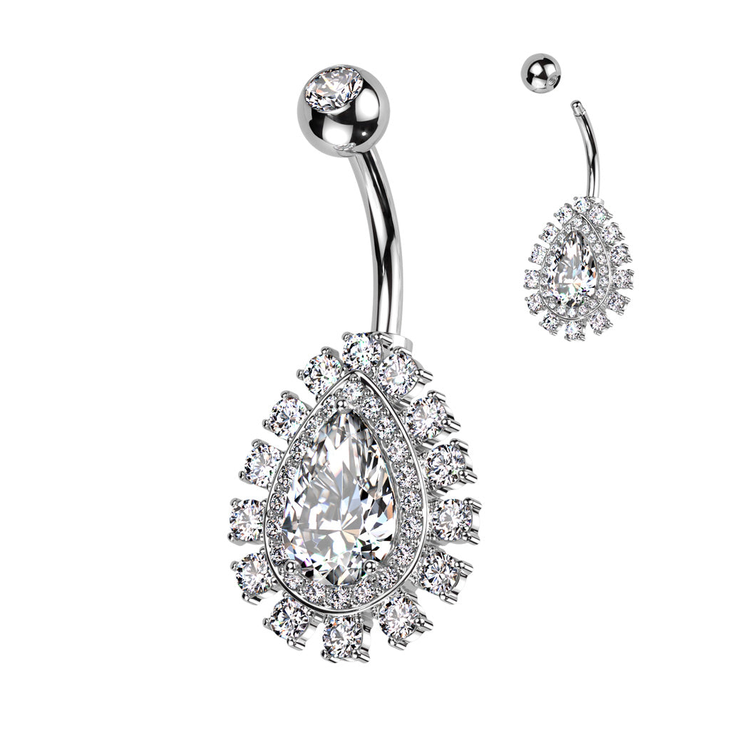 316L Surgical Steel Belly Ring With Large Teardrop CZ Center and Pave CZ Edge - Clear
