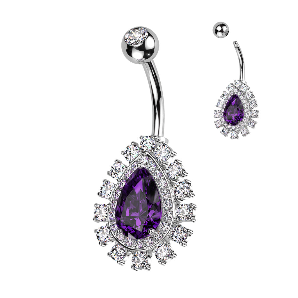 316L Surgical Steel Belly Ring With Large Teardrop CZ Center and Pave CZ Edge - Clear/Purple