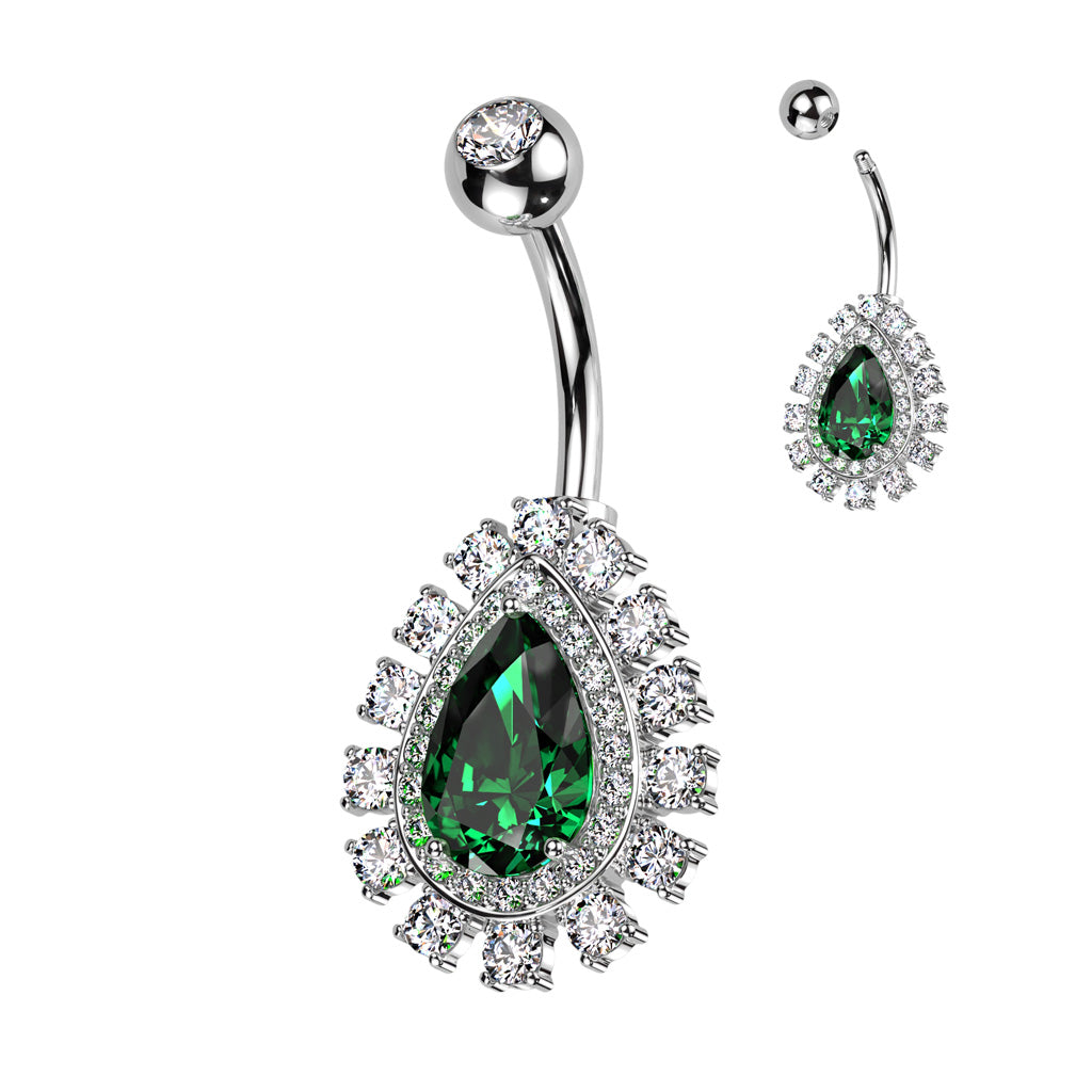 316L Surgical Steel Belly Ring With Large Teardrop CZ Center and Pave CZ Edge - Clear/Emerald