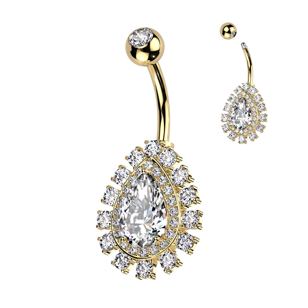 316L Surgical Steel Belly Ring With Large Teardrop CZ Center and Pave CZ Edge - Gold/Clear
