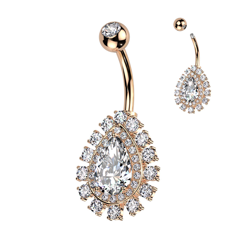 316L Surgical Steel Belly Ring With Large Teardrop CZ Center and Pave CZ Edge - Rose Gold/Clear