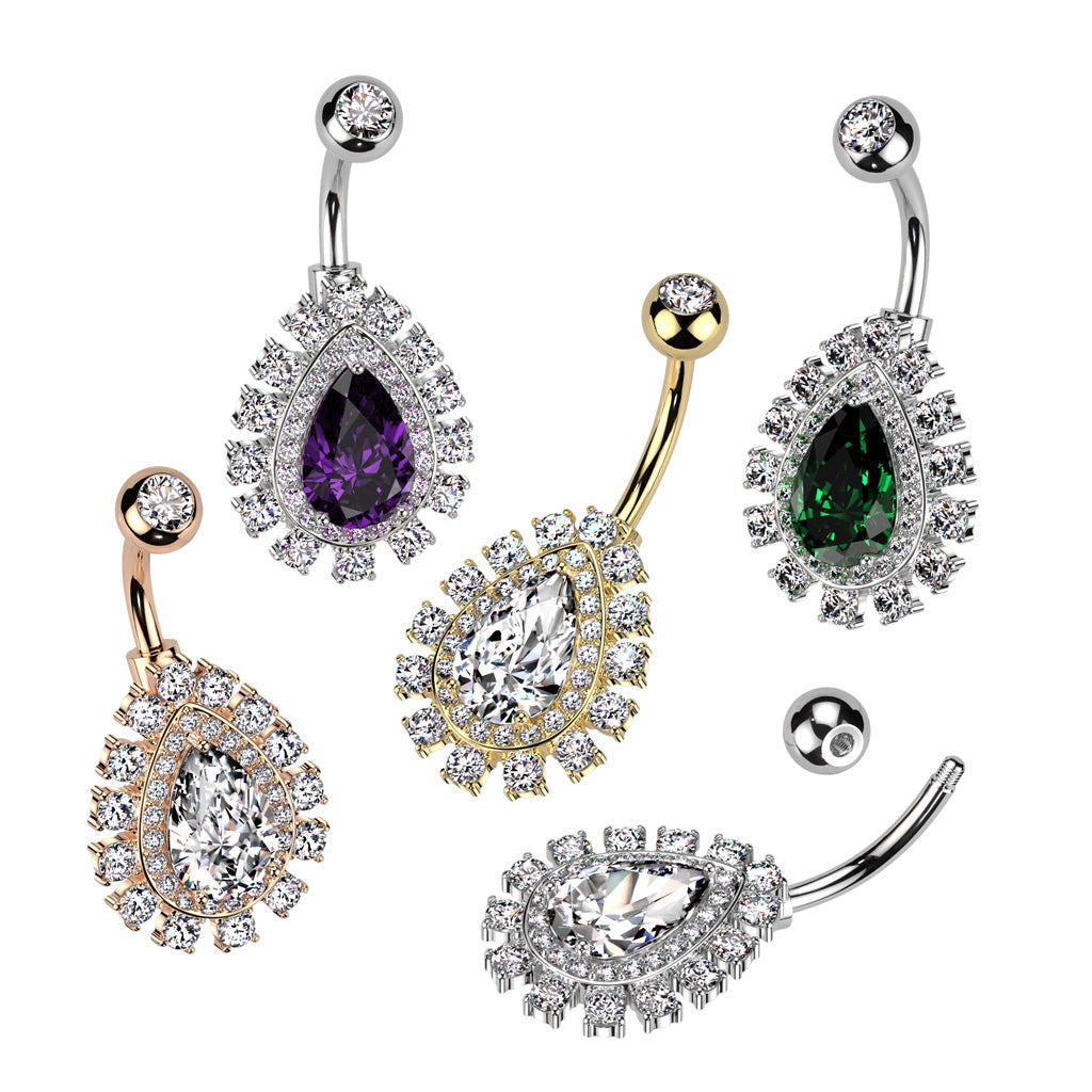 316L Surgical Steel Belly Ring With Large Teardrop CZ Center and Pave CZ Edge - all colors