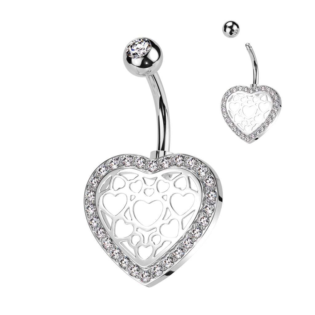 316L Surgical Steel Belly Ring With Hollow Heart Center and Pave CZ Edge - Clear