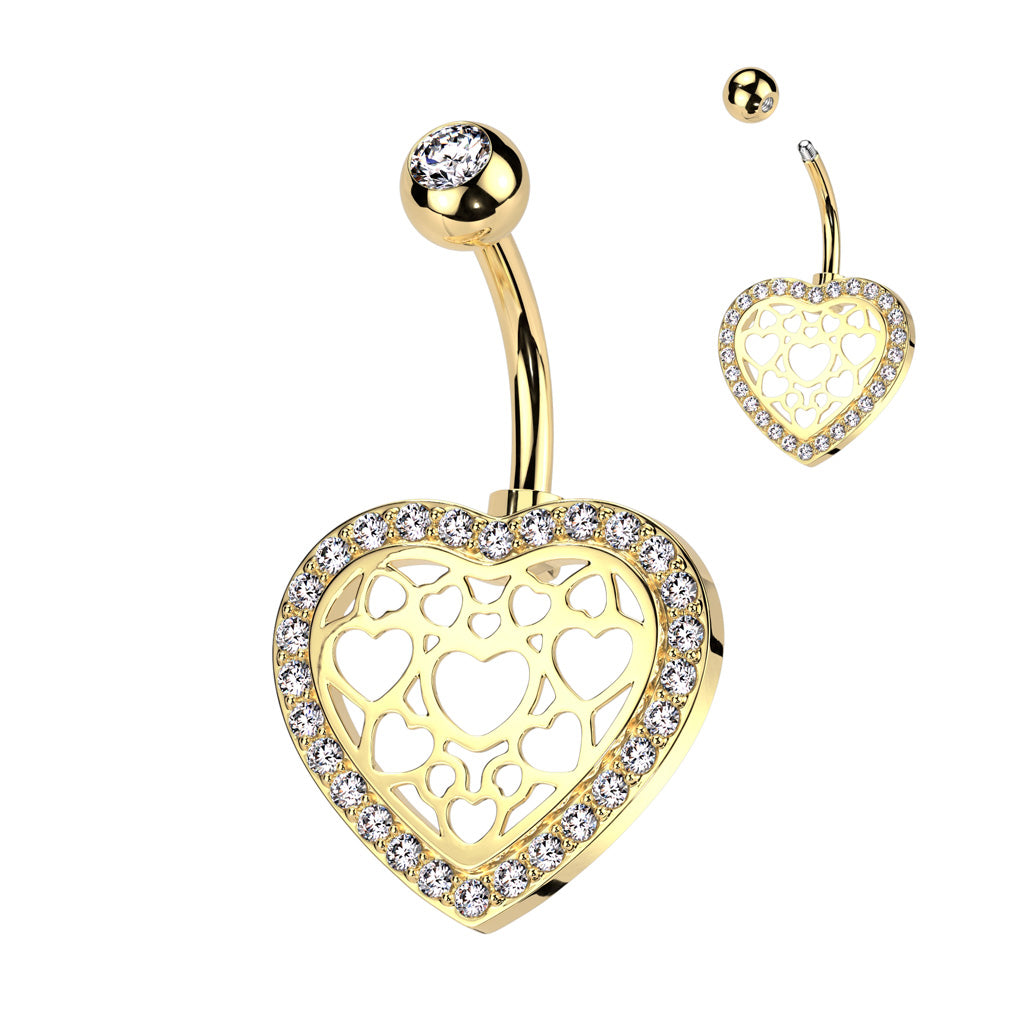 316L Surgical Steel Belly Ring With Hollow Heart Center and Pave CZ Edge - Gold/Clear