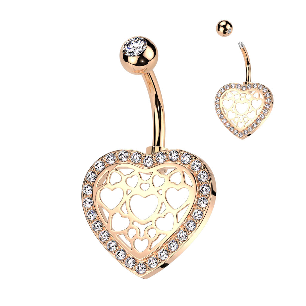 316L Surgical Steel Belly Ring With Hollow Heart Center and Pave CZ Edge - Rose Gold/Clear