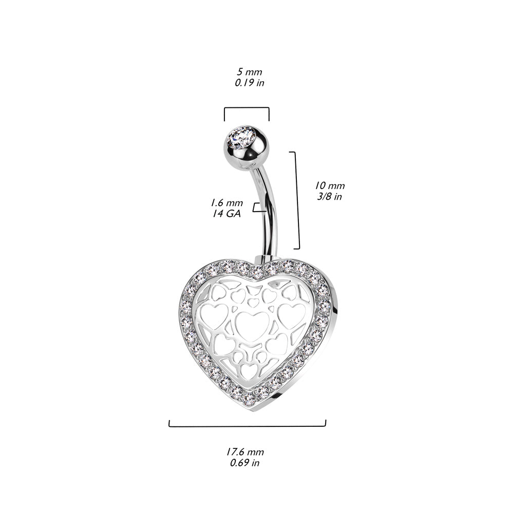 316L Surgical Steel Belly Ring With Hollow Heart Center and Pave CZ Edge size chart