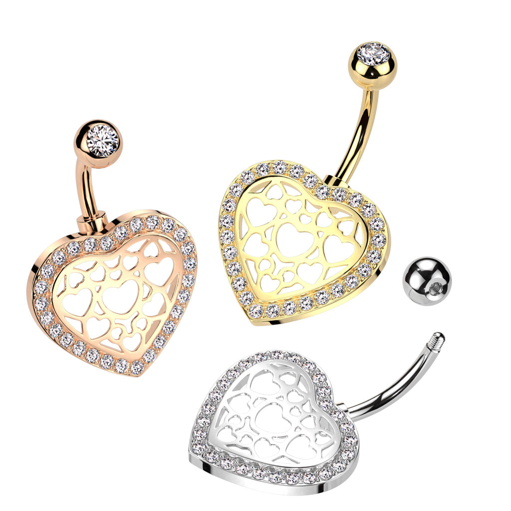 316L Surgical Steel Belly Ring With Hollow Heart Center and Pave CZ Edge - all colors