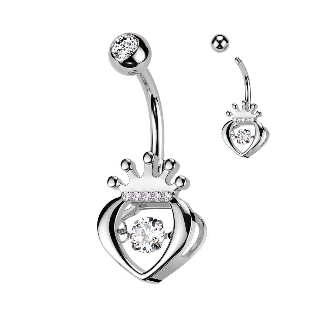 316L Surgical Steel Hollow CZ Crown Heart With Round Prong Set CZ Dangle Center Belly Button Ring - Clear
