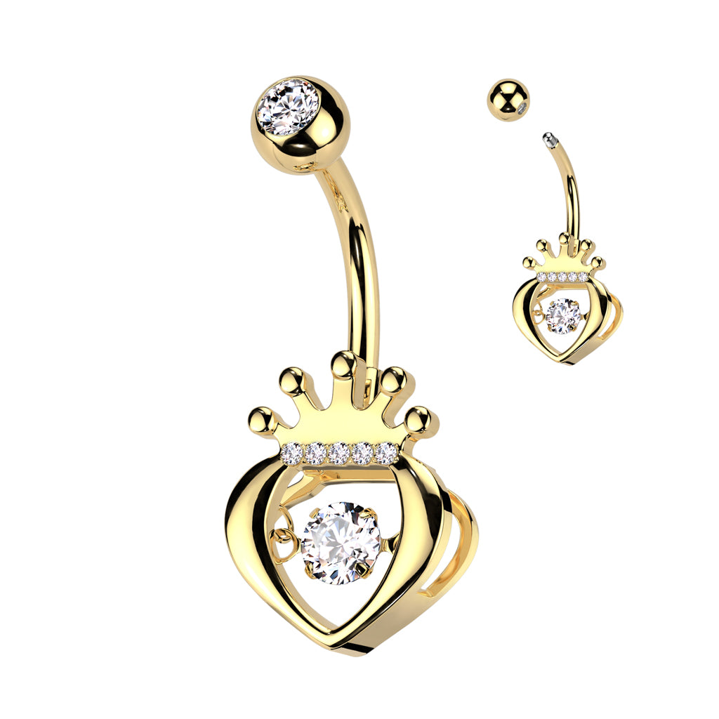 316L Surgical Steel Hollow CZ Crown Heart With Round Prong Set CZ Dangle Center Belly Button Ring - Gold/Clear