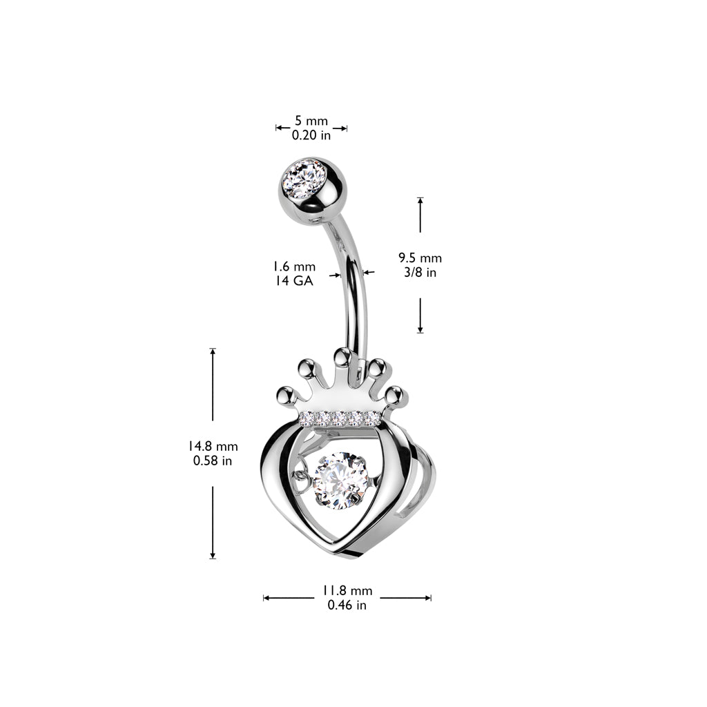 316L Surgical Steel Hollow CZ Crown Heart With Round Prong Set CZ Dangle Center Belly Button Ring size chart
