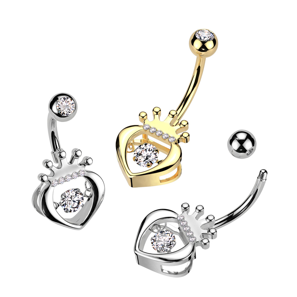 316L Surgical Steel Hollow CZ Crown Heart With Round Prong Set CZ Dangle Center Belly Button Ring - all colors