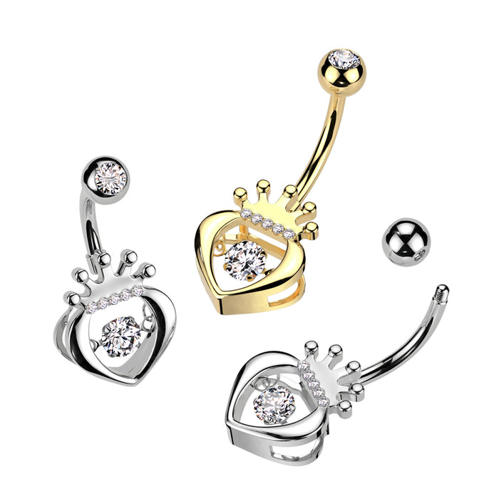 316L Surgical Steel Hollow CZ Crown Heart With Prong Set CZ Dangle Belly Ring