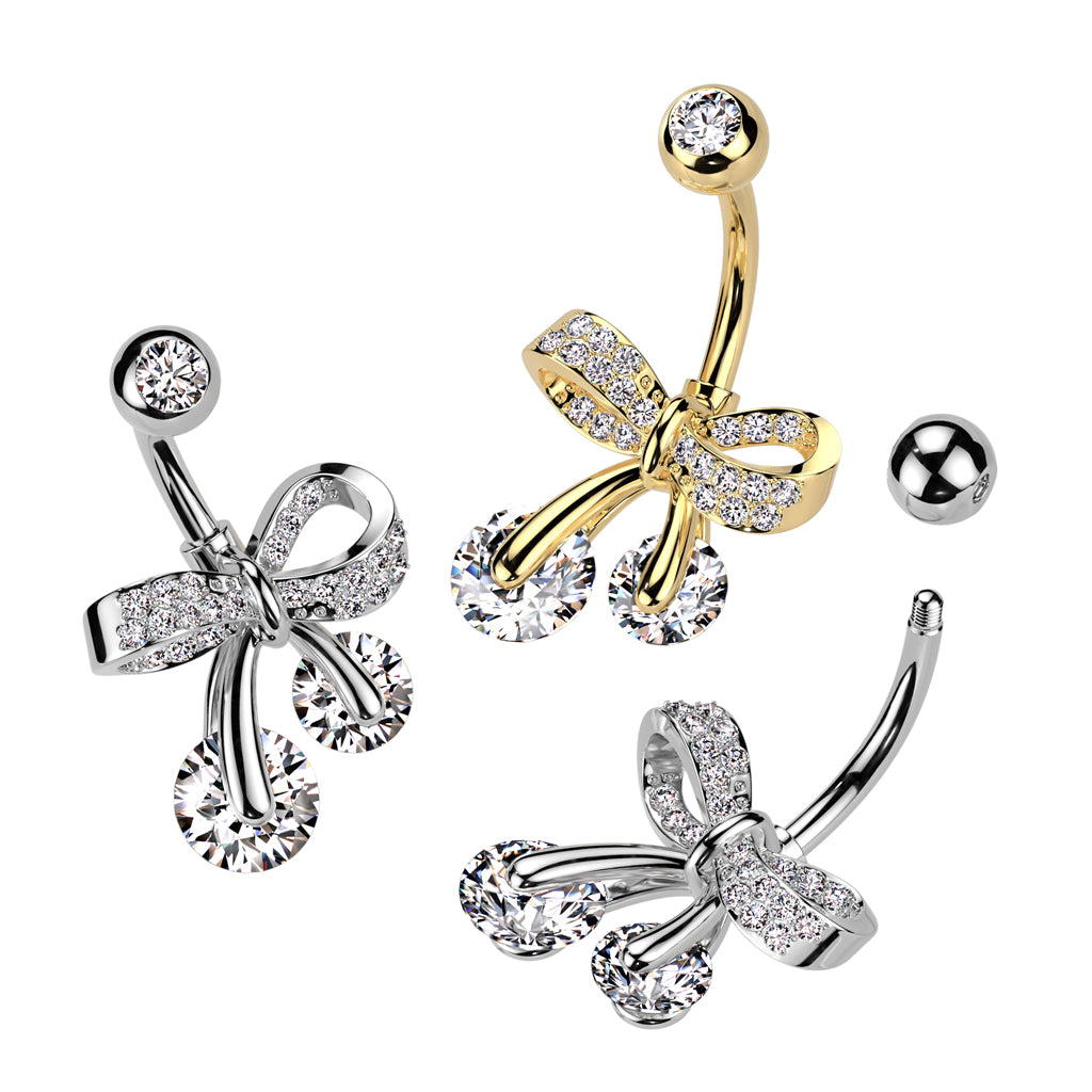 316L Surgical Steel CZ Pave Ribbon With Double CZ Belly Button Ring - all colors