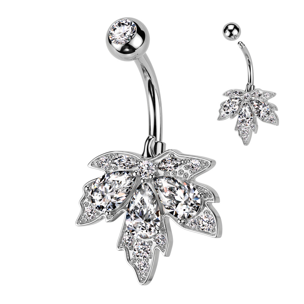 316L Surgical Steel Triple Teardrop CZ Maple Leaf Belly Button Ring - Clear