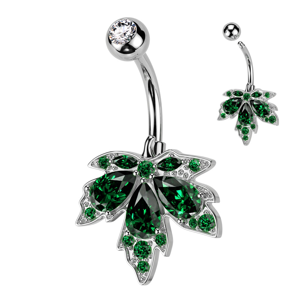 316L Surgical Steel Triple Teardrop CZ Maple Leaf Belly Button Ring - Emerald