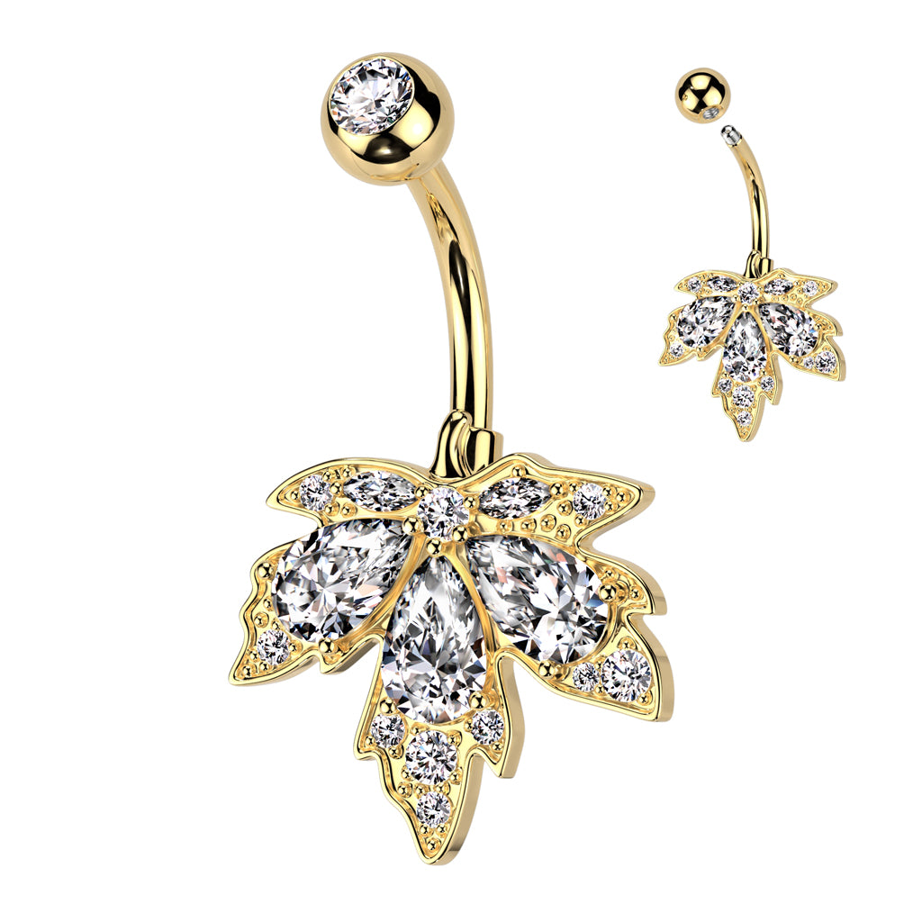 316L Surgical Steel Triple Teardrop CZ Maple Leaf Belly Button Ring - Gold/Clear