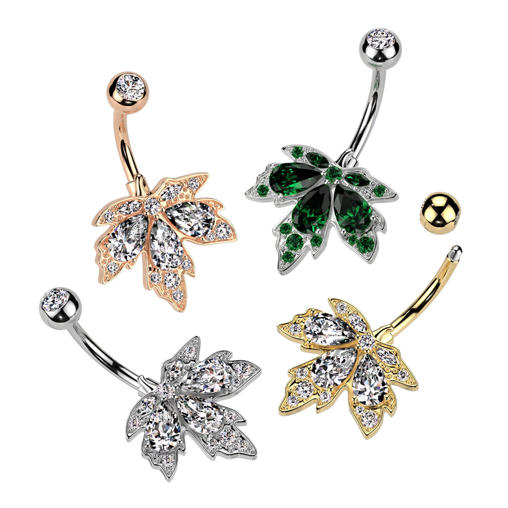 316L Surgical Steel Triple Teardrop CZ Maple Leaf Belly Button Ring - all colors