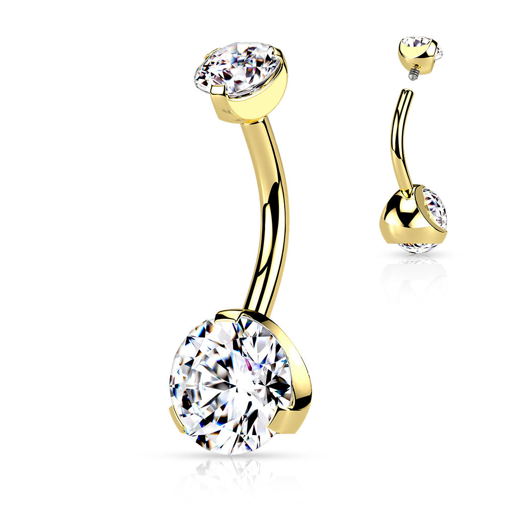 Prong Set PVD Over Internally Threaded 316L Surgical Steel Navel Ring With Prong Set CZ Top - Gold/Clear
