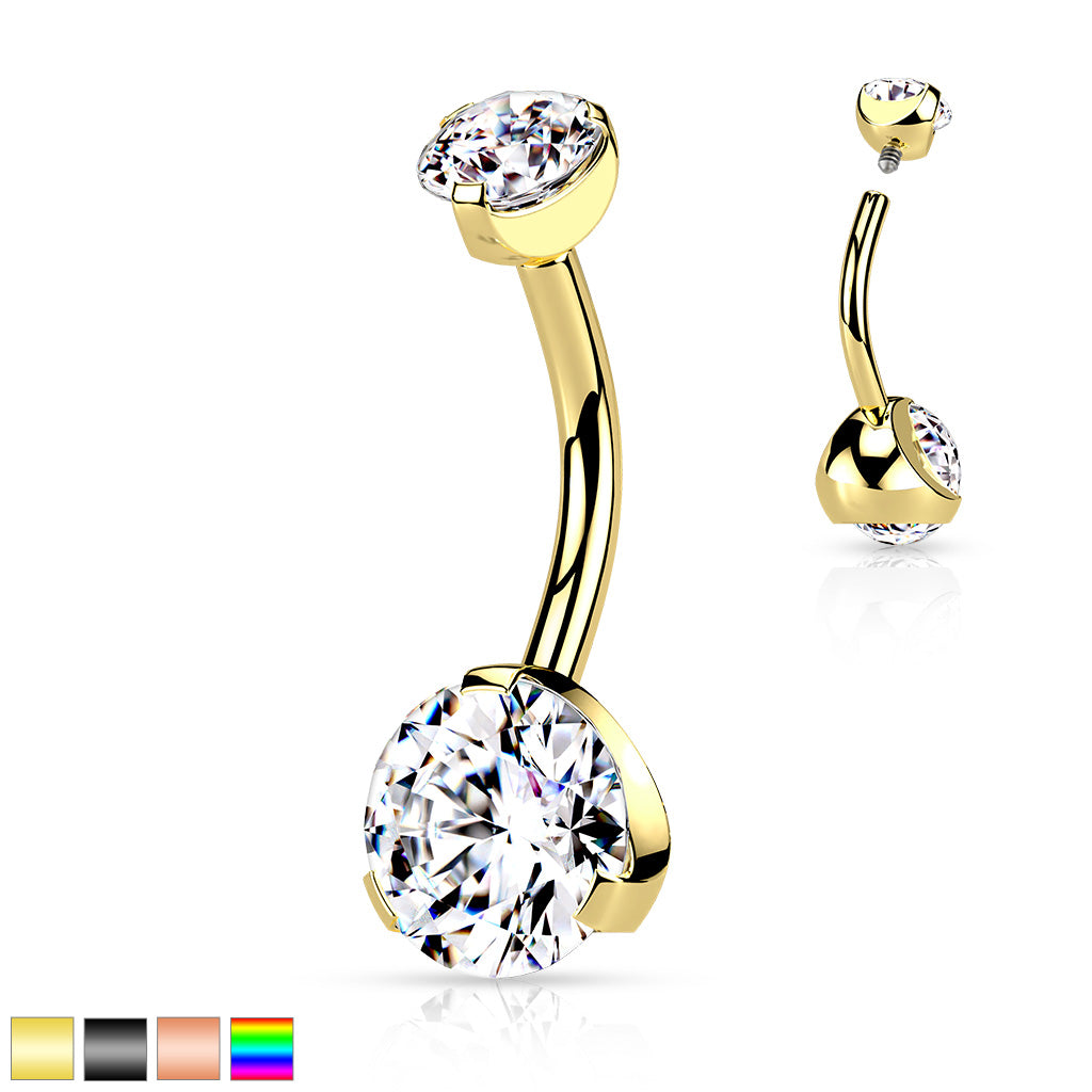 Prong Set PVD Over Internally Threaded 316L Surgical Steel Navel Ring With Prong Set CZ Top - all colors