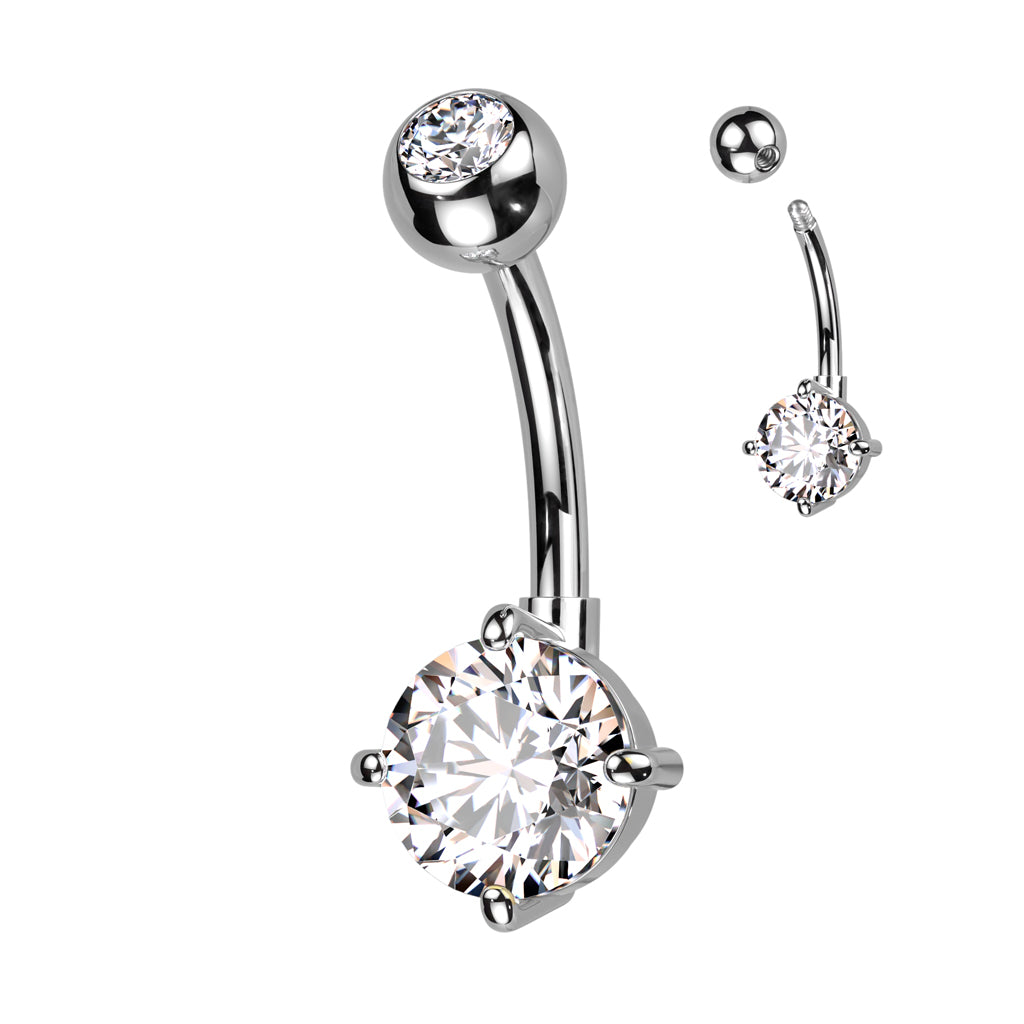 Implant Grade Titanium With Bezel Set CZ Top and Round Brass Prong Set CZ Belly Button Ring - Clear