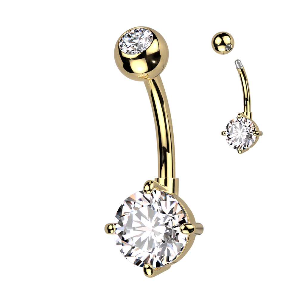 Implant Grade Titanium With Bezel Set CZ Top and Round Brass Prong Set CZ Belly Button Ring - Gold/Clear