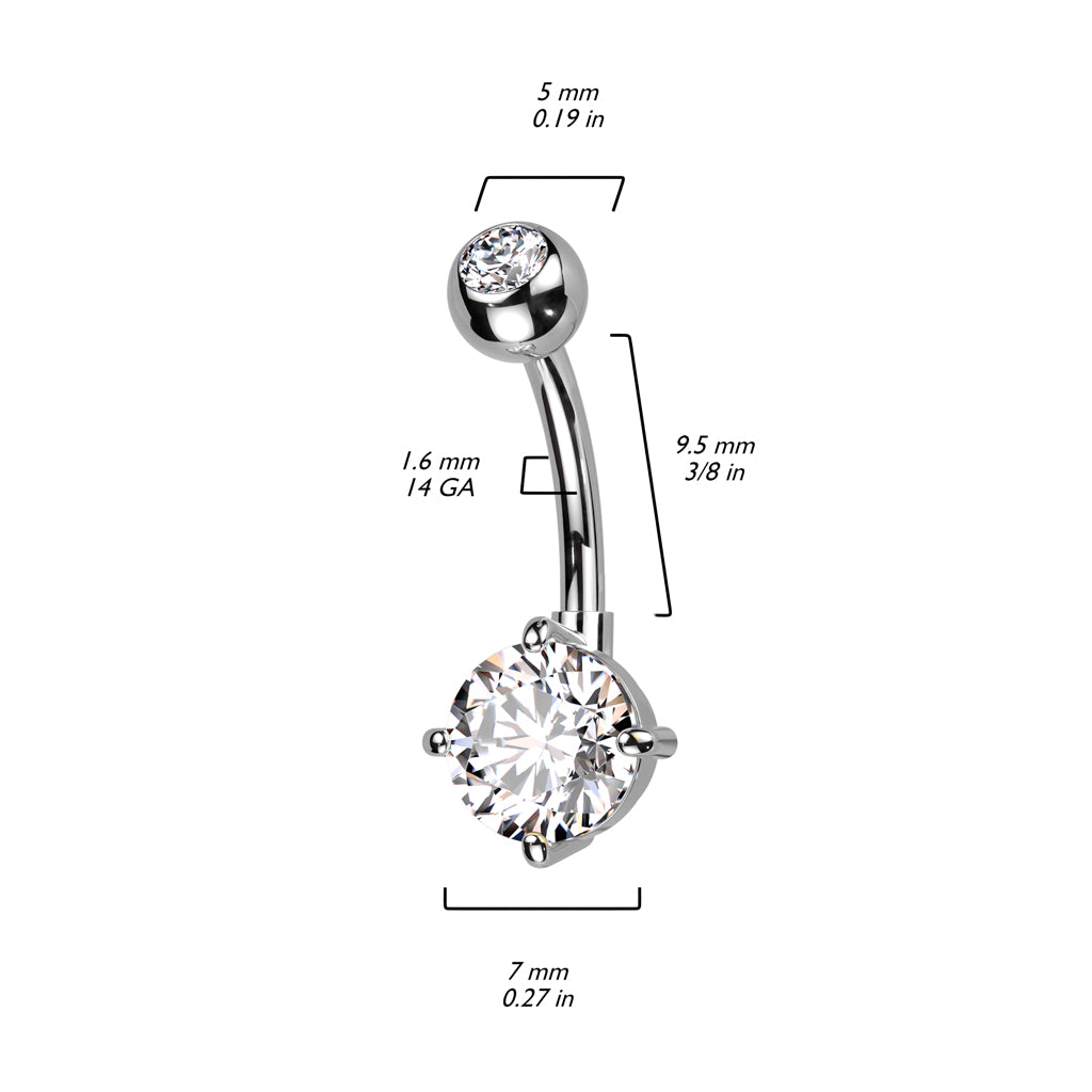 Implant Grade Titanium With Bezel Set CZ Top and Round Brass Prong Set CZ Belly Button Ring size chart