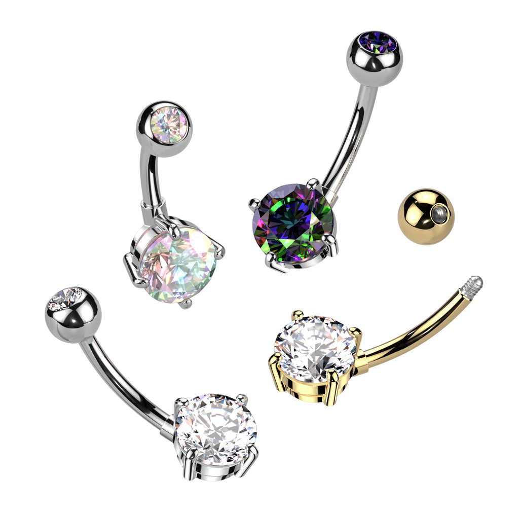 Implant Grade Titanium With Bezel Set CZ Top and Round Brass Prong Set CZ Belly Button Ring - all colors