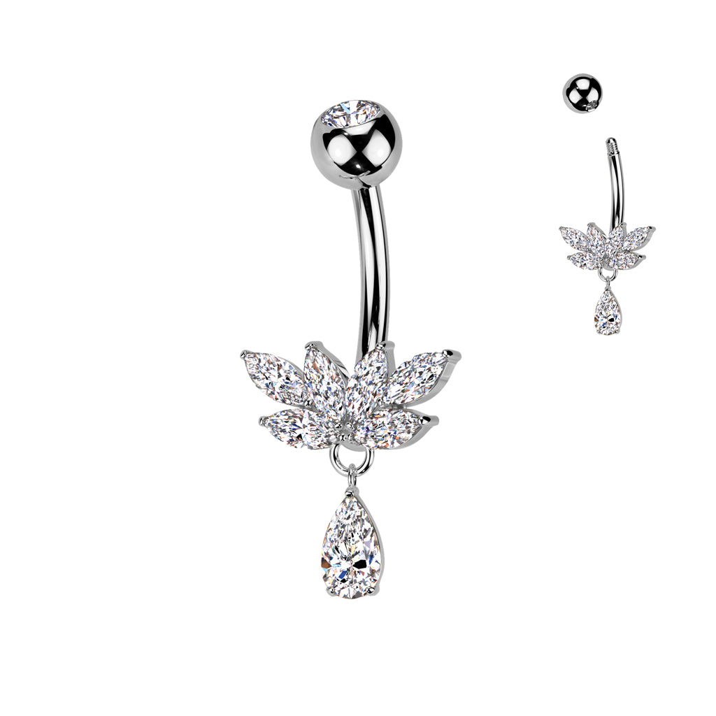 Implant Grade Titanium Bezel Set CZ Top With Brass Marquise CZ Fan And CZ Teardrop Dangle Belly Button Ring - Clear