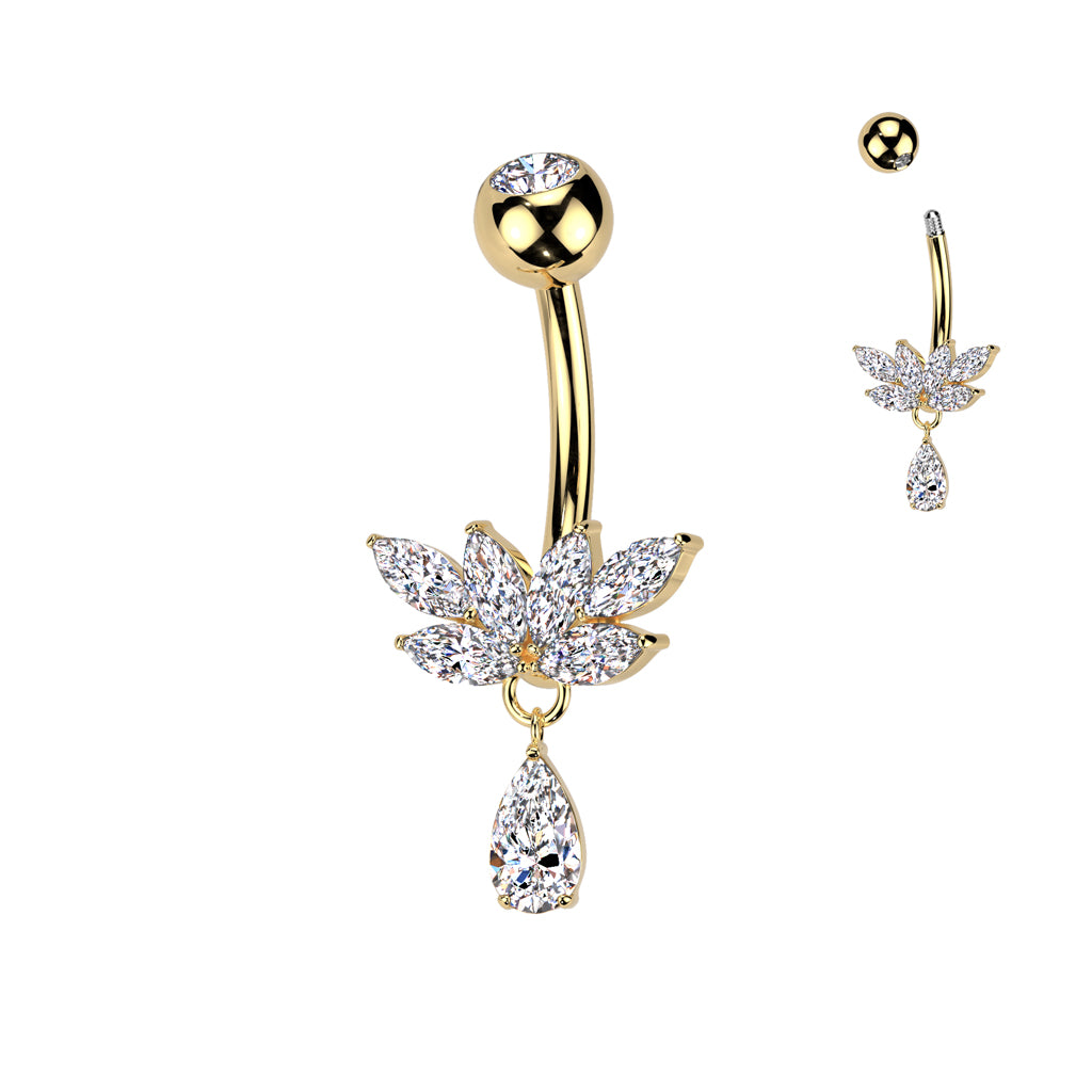 Implant Grade Titanium Bezel Set CZ Top With Brass Marquise CZ Fan And CZ Teardrop Dangle Belly Button Ring - Gold/Clear