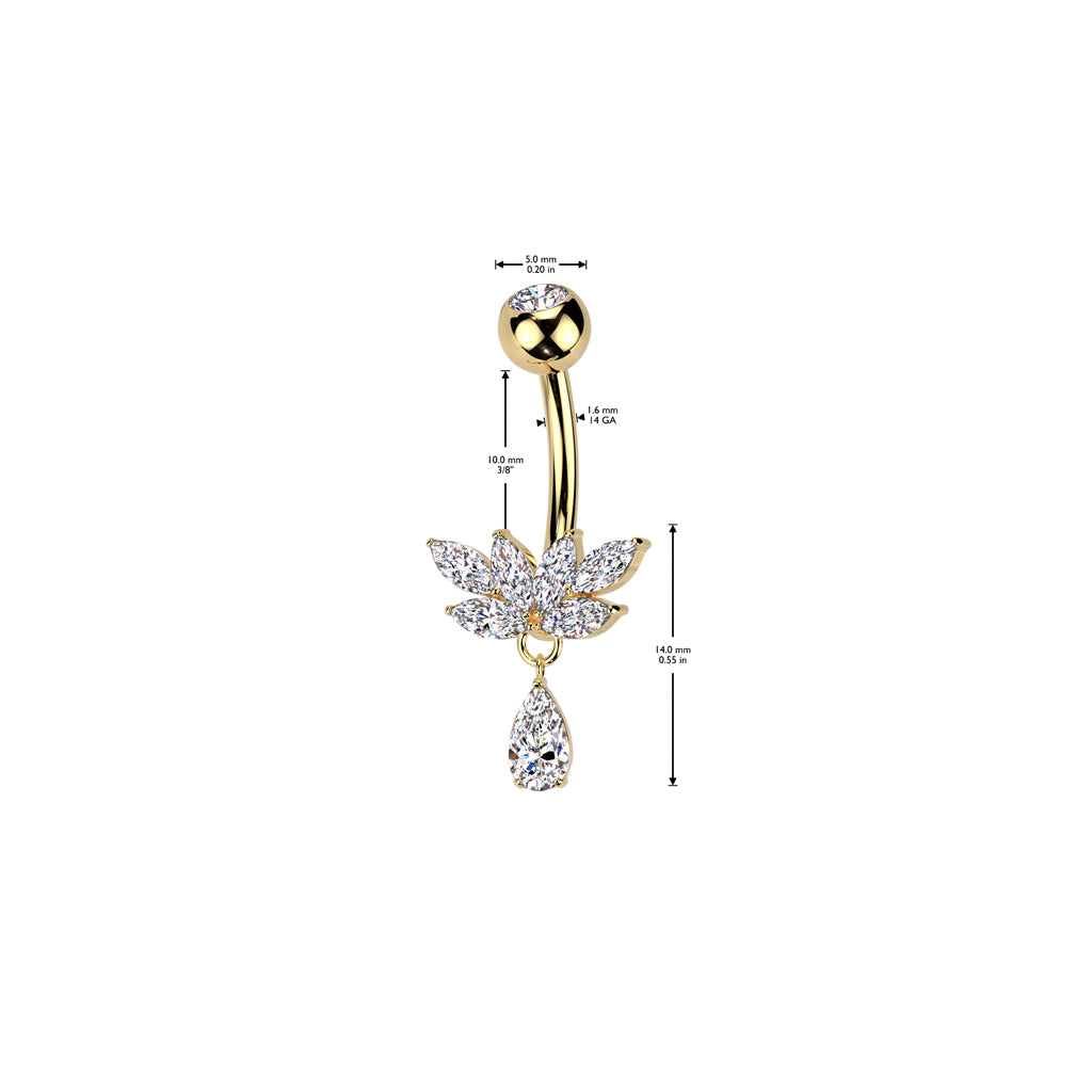 Implant Grade Titanium Bezel Set CZ Top With Brass Marquise CZ Fan And CZ Teardrop Dangle Belly Button Ring size chart