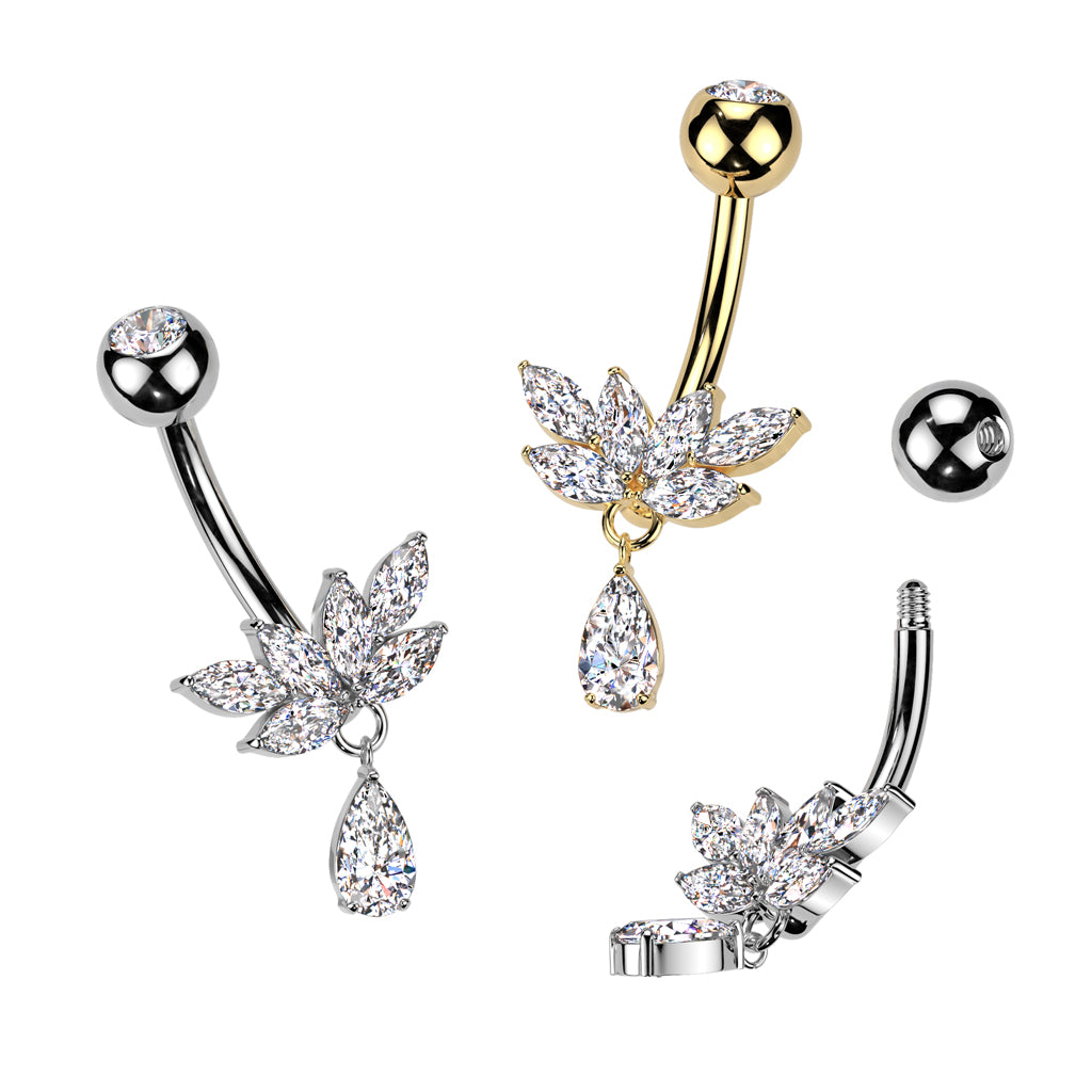 Implant Grade Titanium Bezel Set CZ Top With Brass Marquise CZ Fan And CZ Teardrop Dangle Belly Button Ring - all colors