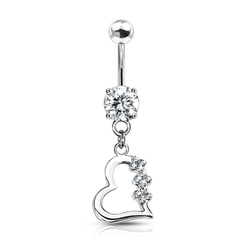 Heart with 3 Gem Flowers Fancy Navel Ring w/ Titanium Shaft/Rhodium Plating - Clear