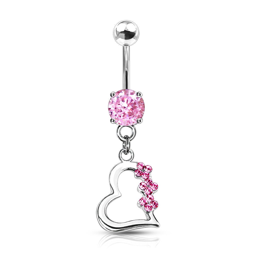 Heart with 3 Gem Flowers Fancy Navel Ring w/ Titanium Shaft/Rhodium Plating - Pink