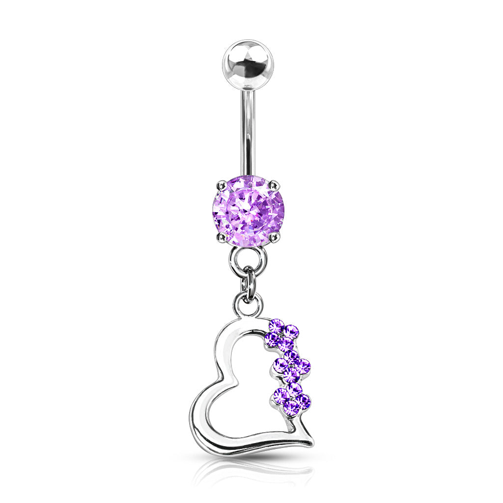 Heart with 3 Gem Flowers Fancy Navel Ring w/ Titanium Shaft/Rhodium Plating - Tanzanite
