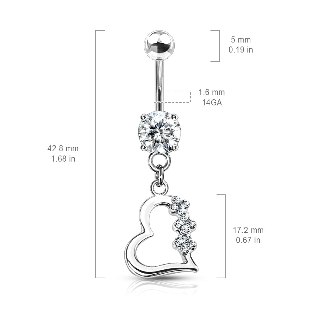 Heart with 3 Gem Flowers Fancy Navel Ring w/ Titanium Shaft/Rhodium Plating size chart