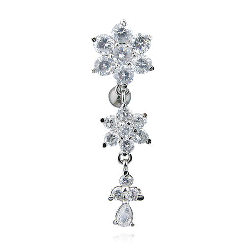 Round CZ Flower Top Down Belly Ring With Titanium Shaft And Rhodium Plating