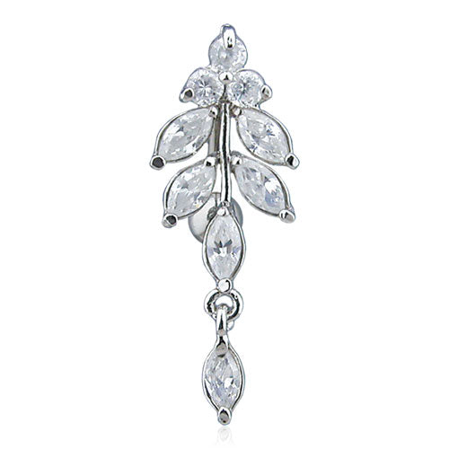 CZ Leaves With 3 Round CZ Top Down Belly Ring With Titanium Shaft