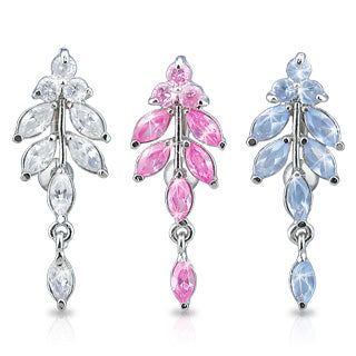 CZ Leaves With 3 Round CZ Top Down Belly Ring With Titanium Shaft